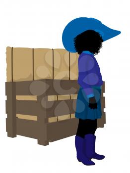 Royalty Free Clipart Image of a Little Cowgirl Beside a Crate