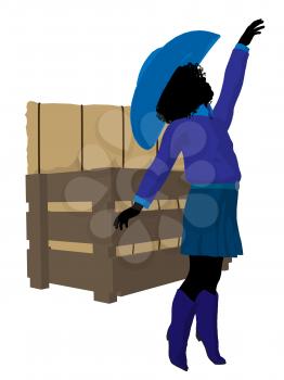 Royalty Free Clipart Image of a Little Cowgirl Beside a Crate