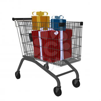 Royalty Free Clipart Image of Gifts in a Shopping Cart