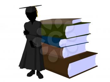 African american school boy with a pile of books illustration silhouette on a white background