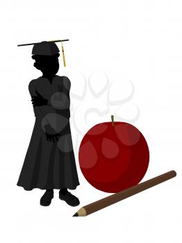 Royalty Free Clipart Image of a Graduate Beside a Large Apple and Pencil