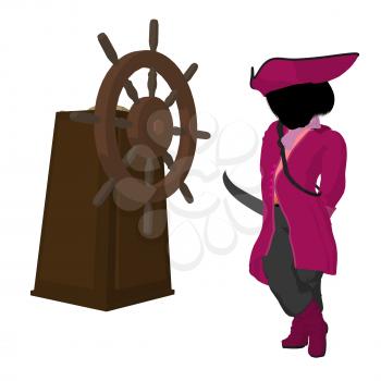 Royalty Free Clipart Image of a Girl Pirate With a Steering Wheel