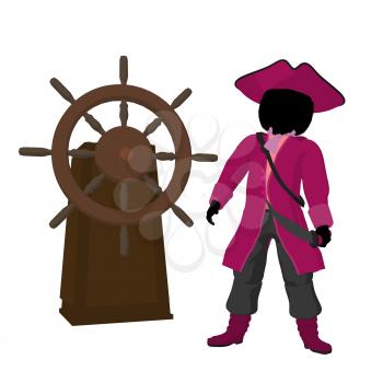 Royalty Free Clipart Image of a Girl Pirate With a Steering Wheel