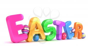 3D Illustration of Easter Eggs and the Word Easter