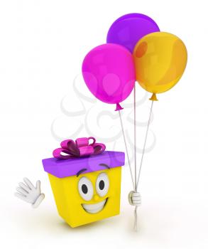 3D Illustration of a Gift Character Carrying Balloons