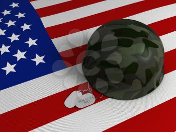 3D Illustration of a US Flag, Military Helmet, and Dog Tags