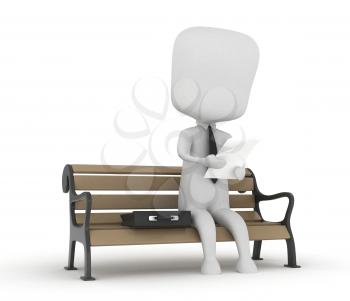 3D Illustration of a Man Reading Documents While Sitting on a Bench