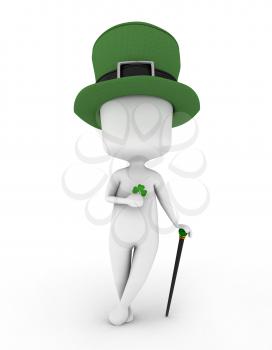 3D Illustration of a Man Wearing a Leprechaun's Hat and Holding a Shamrock