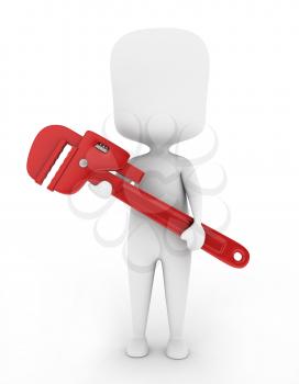 3D Illustration of a Plumber Holding a Large Pipe Wrench