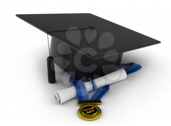 3D Illustration of a Graduation Cap, Ribbon, and Diploma