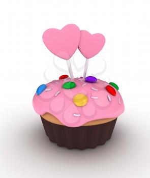 Illustration of a Cupcake Topped with Candies, Sprinkles, and Frosted Hearts on Sticks