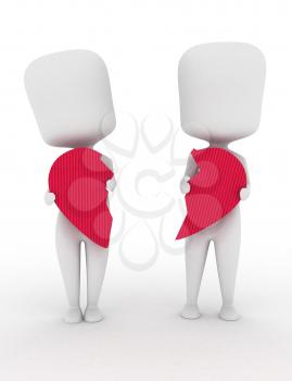 3D Illustration of a Man and Woman Holding Pieces of a Broken Heart