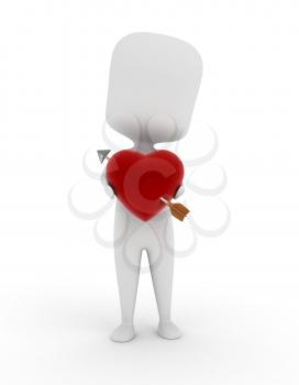 3D Illustration of a Man Holding a Heart Pierced by an Arrow