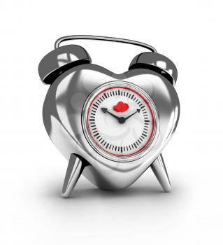 3D Illustration of a Heart-shaped Metallic Alarm Clock