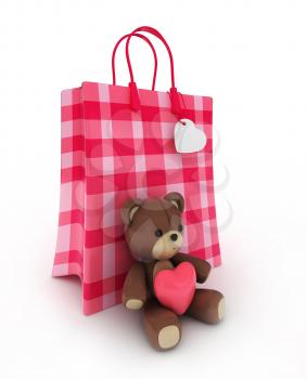 3D Illustration of a Valentine-themed Paper Bag with a Stuffed Toy Leaning Against it.