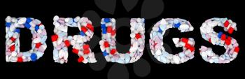 Royalty Free Clipart Image of Pills Spelling Out Drugs