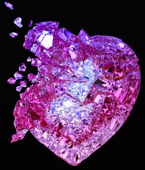 Broken crystal Heart: unrequited love, death, disease or pain. Isolated on black
