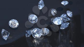 Large group of diamonds rolling over with reflection 