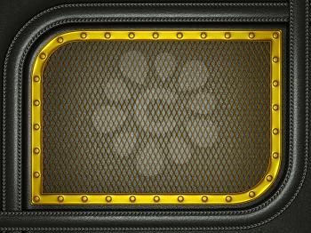 Black leather background with golden metallic grill. Useful as business background