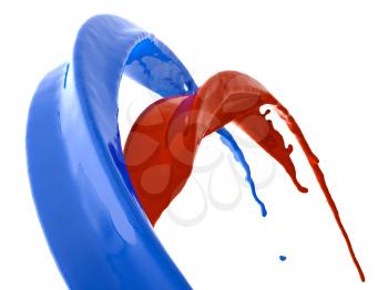 Blue and red fluid splashes isolated on white
