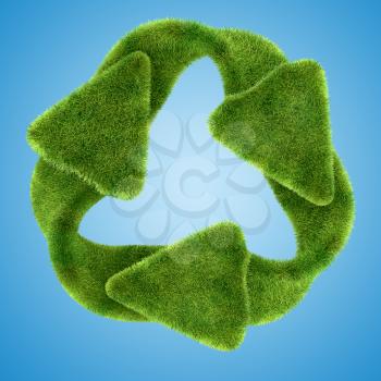 Ecological sustainability: green grass recycling symbol on blue