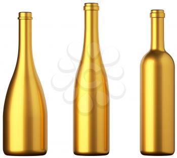 Three golden bottles for wine or beverages isolated on white