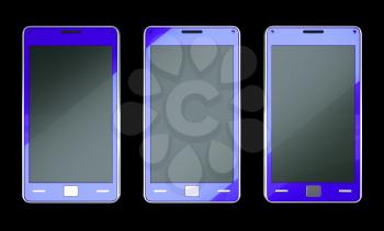 Three smart phones in blue colour over black (custom created and rendered)