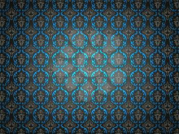 Black material with blue victorian ornament. Useful as pattern or background