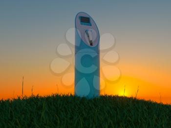 Charging station in the green field at dawn. Ecology and environment