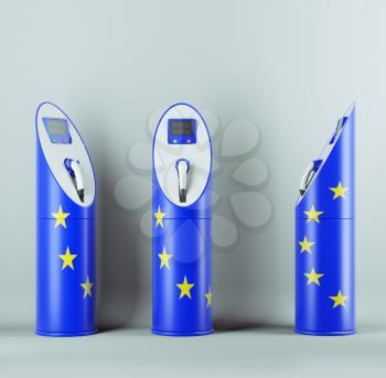 Eco fuel: three charging stations with EU flag pattern for electric cars