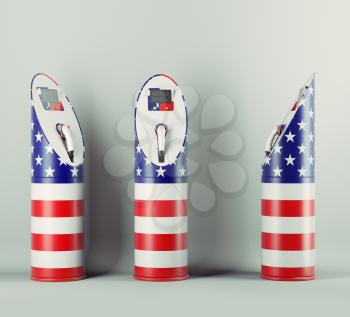 Eco fuel: three charging stations with USA flag pattern for electric cars