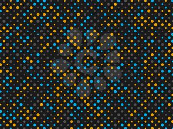 Polka dot background with yellow grey and blue circles. On black