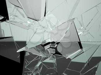 Many large pieces of shattered glass isolated over black background
