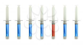 Red syringe among blue ones as right medical choice isolated on white
