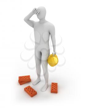 Royalty Free Clipart Image of a Man Holding a Hardhat With Bricks at His Feet
