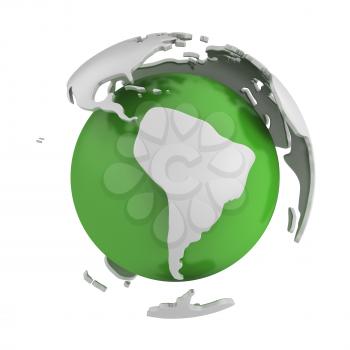 Royalty Free Clipart Image of a Green Globe With Metal Continents Lifting Away From It