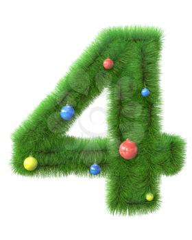 4  number made of christmas tree branches isolated on white background