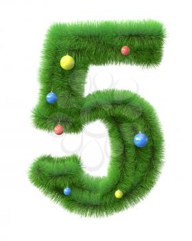 5  number made of christmas tree branches isolated on white background