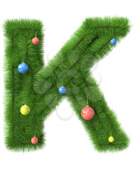 K letter made of christmas tree branches isolated on white background