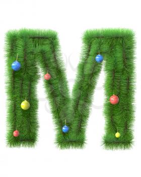 M letter made of christmas tree branches isolated on white background
