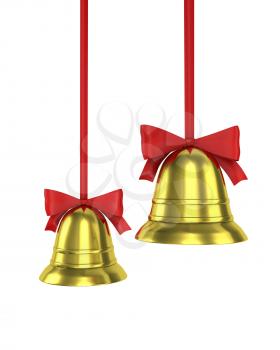 Two Christmas bells with red ribbons isolated on white background
