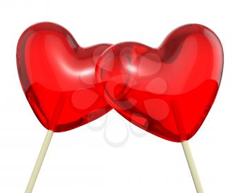 Two heart shaped lollipops, closeup, isolated on white background