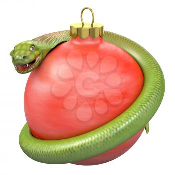 Cobra on a red christmas bauble, isolated on white background