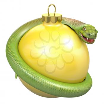 Cobra on a yellow christmas bauble, isolated on white background