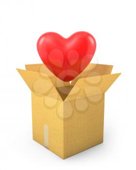 Read heart fly out of carton box, isolated on white background