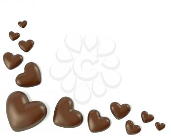 Corner, made from heart shaped chocolate candies, isolated on white