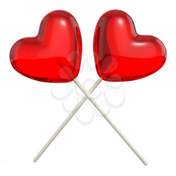 Two crossed heart shaped lollipops, isolated on white background