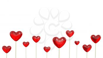 A lot of heart shaped lollipops, isolated on white background
