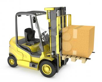 Yellow fork lift truck with large carton box, isolated on white background