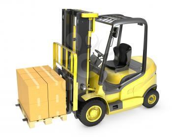 Yellow fork lift truck with stack of carton boxes, isolated on white background